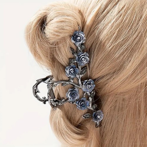 Large metal blue floral hair - metal,